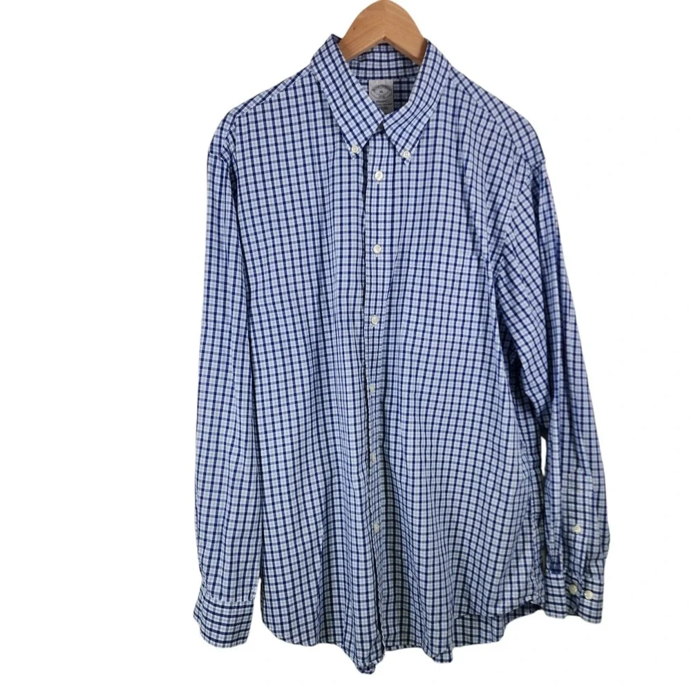 Brooks Brothers Button Down Shirt Mens XL Blue Gingham‎ Regent Polo Cotton